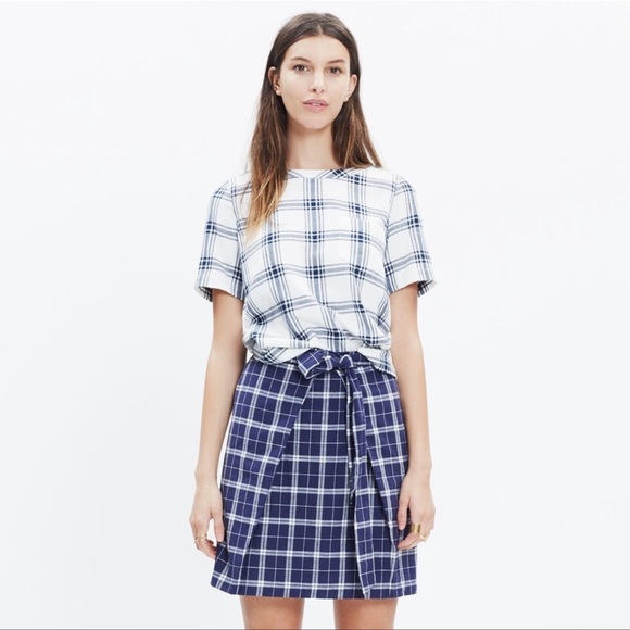 Madewell Industry Button Back Top Blue White Plaid High Low, Size XXS - Picture 6 of 6
